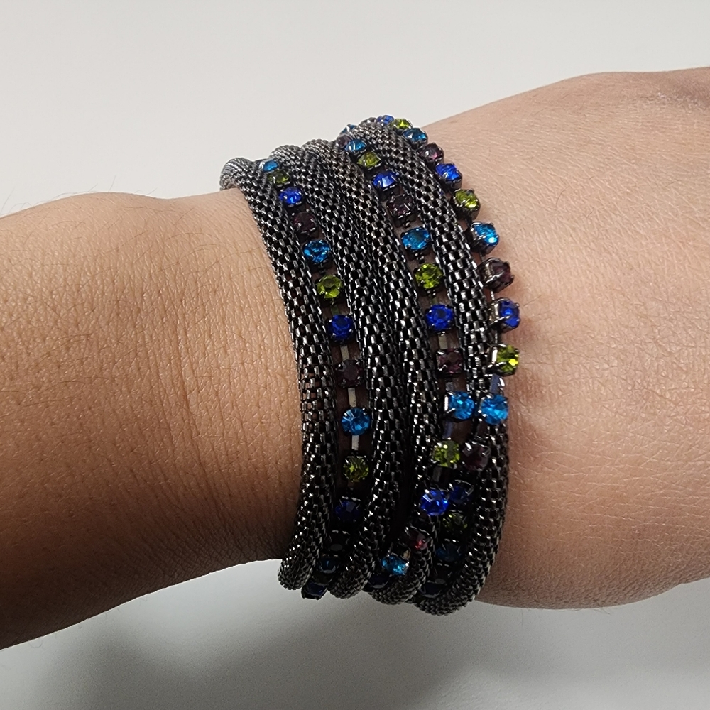 Multi-Strand Crystal Bracelet Gunmetal Mesh Blue Green Purple Rhinestones Toggle